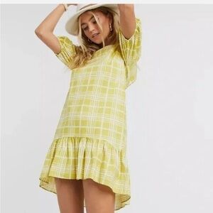 NWT TOPSHOP Womens Short Yellow Poplin Check Dress Puff Sleeve Open Back Size 6P